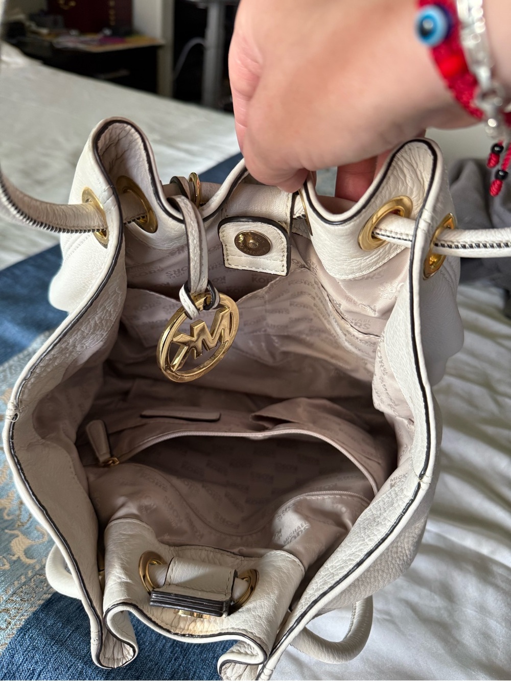 Michael Kors Cream Leather Drawstring Shoulder Bag with Tassel Charm - Picture 7 of 7